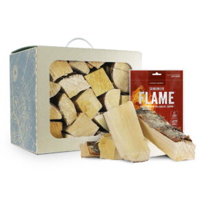 Brændeboks med birk og optændingsbreve (25 stk)